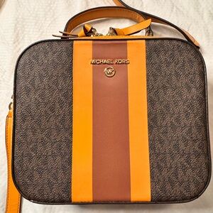 Michael Kors Crossbody Satchel Black Brown Stripe Leather Top Handle Bag